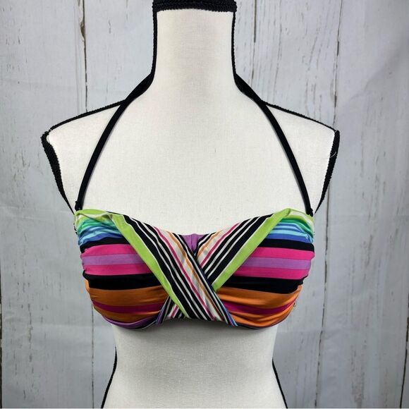 Kenneth Cole Reaction Multicolored Striped Cross Front Bandeau Bikini Top M - Picture 1 of 7